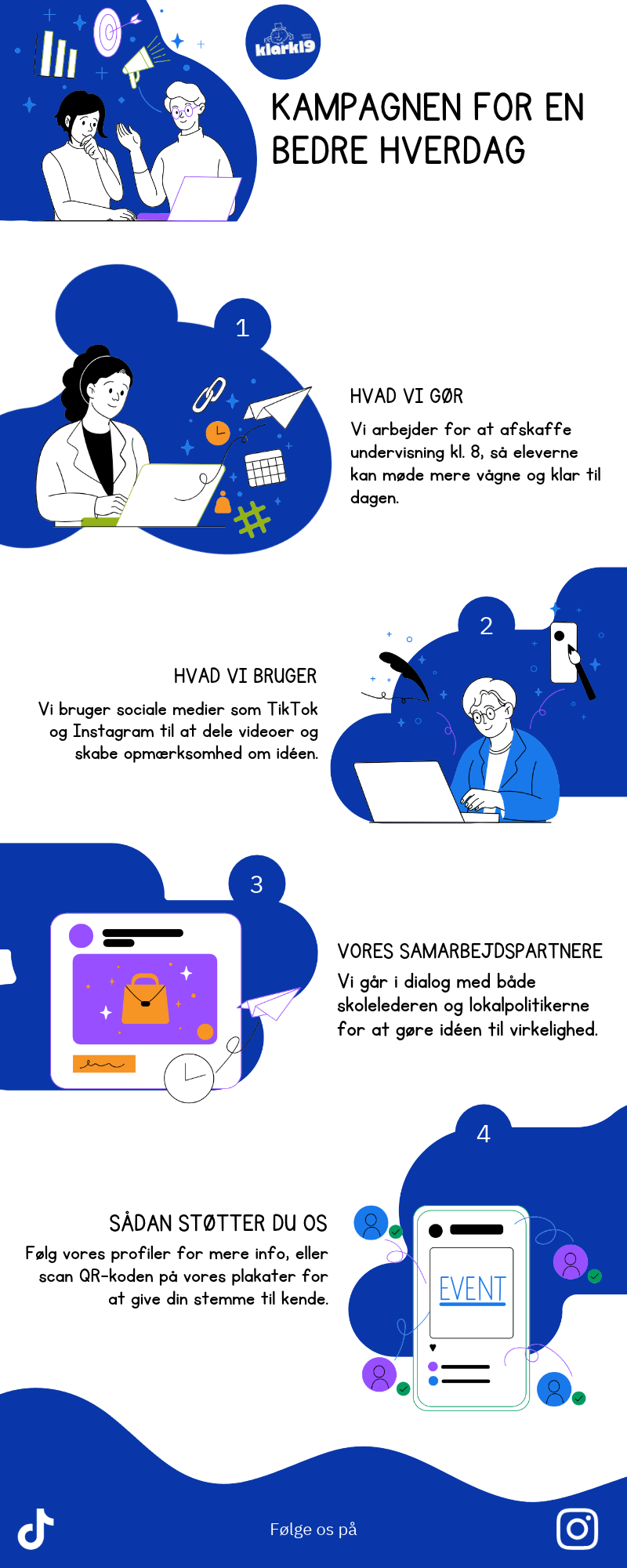 Klarkl9-kampagnen for en bedre hverdag. Vi arbejder for at afskaffe undervisning før kl. 8. Plakaten viser kampagnens fire trin og opfordrer til at følge os på sociale medier.